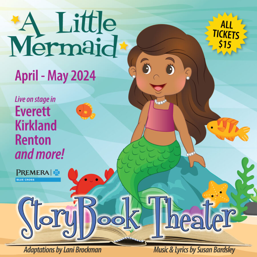 This square graphic shows a young mermaid with dark brown hair and brown eyes lounging on a rock underwater with her fishy friends. Rays of sunlight pass down through the water, and she smiles. A Little Mermaid will run April - May 2024 in Everett, Kirkland, Renton, and more.